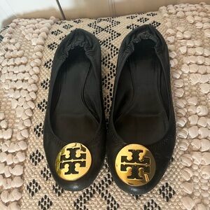 Tory Burch Black Flats with Gold Emblem